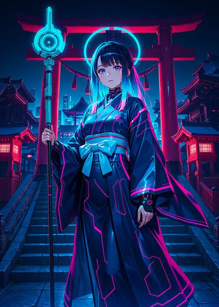 Cyberpunk Anime Mädchen Shrine Maiden Japan von Ruzerin
