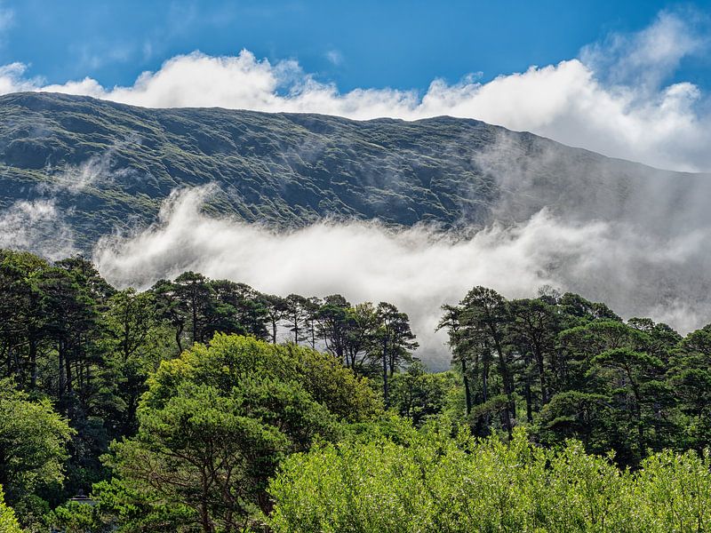 Landschaft bei Aasleagh Falls - Wolkenbedeckter Berg von Luc V. de Zeeuw