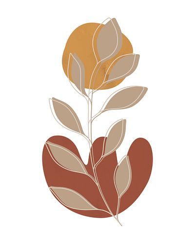 Minimalistisch landschap met een bladplant en twee vormen