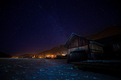 Boathouse under Milky Way, Weissensee, Austria.