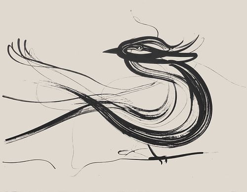 Minimal art - abstract kunstwerk met zwarte lijnen op beige ondergrond - vogel