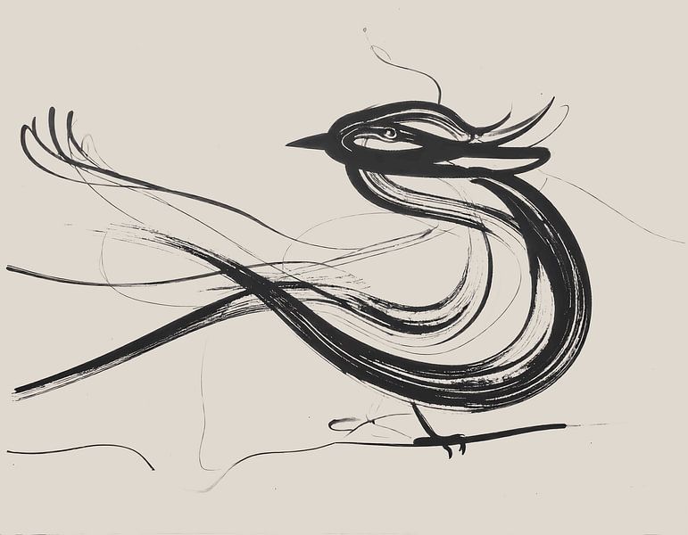 Minimal art - abstract artwork with black lines on beige background - bird by Emiel de Lange