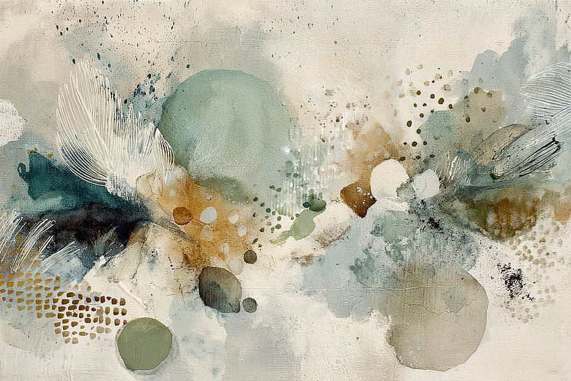 Abstrakte Malerei in Salbeigrün und Leinen - Organische Japandi-Komposition von Joriali Abstrakte Kunst