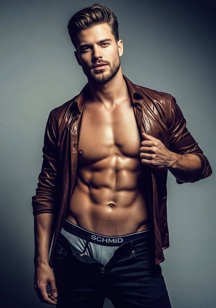 Man met buikspieren in open leren shirt van Markus Gann