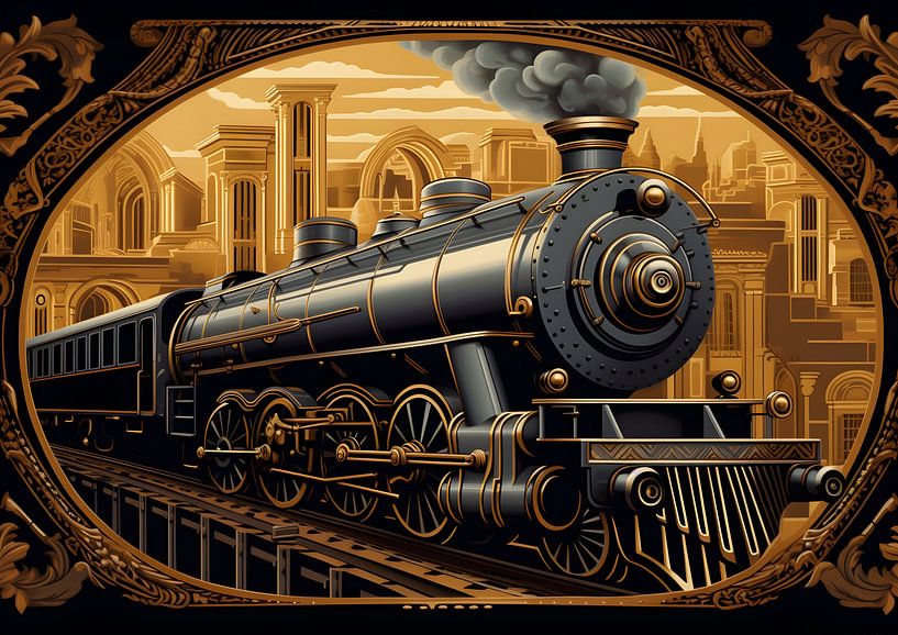 Steam train Art Deco style in black and gold by Jan Bechtum