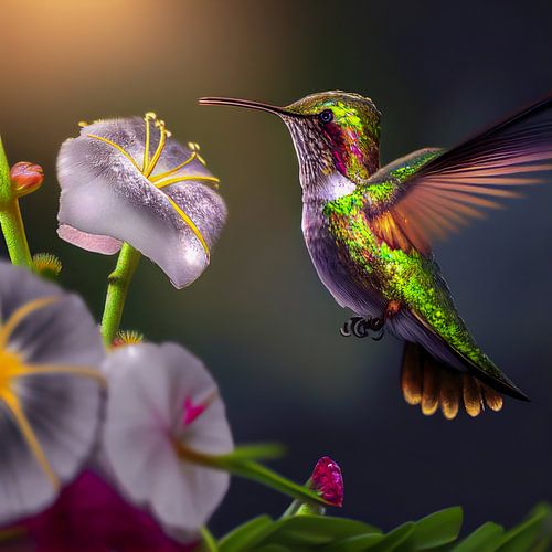 Colibri et fleurs, illustration d'art