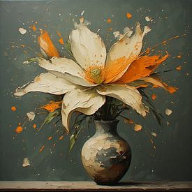 A still life featuring a beige and orange flower in an earthenware vase. by J.a Dijkstra