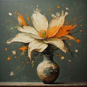 Ein Stillleben mit einer beige-orangefarbenen Blume in einer Keramikvase.