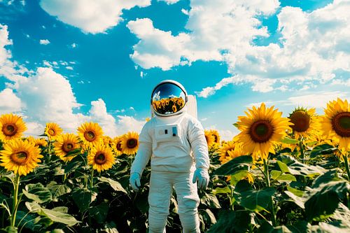 Astronaut in a field of sunflowers under a blue sky