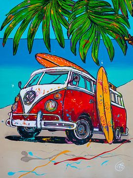 Oude Volkswagen bus op het strand van Happy Paintings