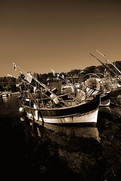 Zeezicht op boten aangemeerd in de haven van Niel in sepia van Youri Mahieu