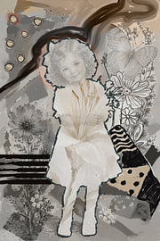 Collage mit einem Mädchen, einem Schmetterling, einer Blume und grafischen Linien