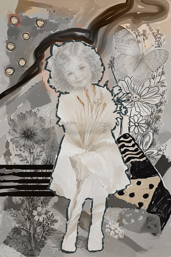 Collage featuring a girl, a butterfly, a flower and graphic lines by MadameRuiz