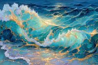 Énergie océanique abstraite - Vagues turquoise à veines d'or