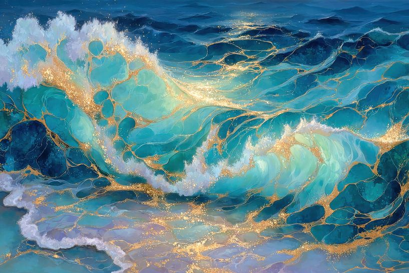 Énergie océanique abstraite - Vagues turquoise à veines d'or par Matthias Hauser