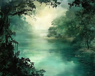 Meer Tussen Bomen | Enchanted Lake Glow van Abstract Schilderij