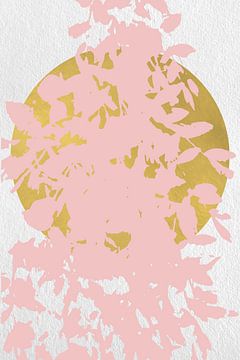 Japandi. Abstract botanical branches in pastel pink with golden sun on white by Dina Dankers