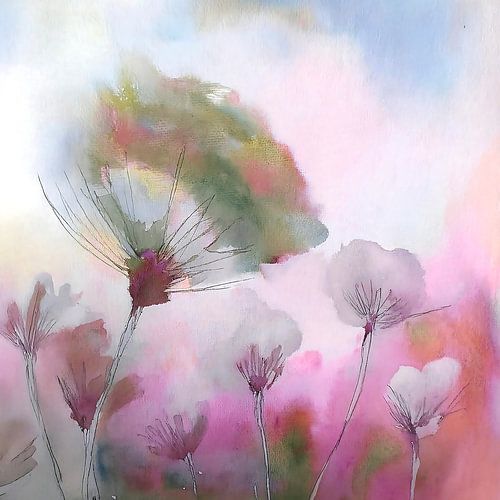 Serene watercolour painting of soft fluff balls (Dandelions)