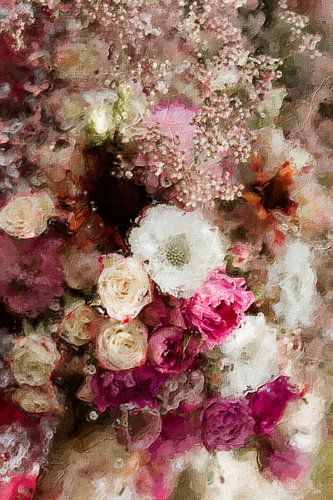 Bloemen - roze boeket in olieverf