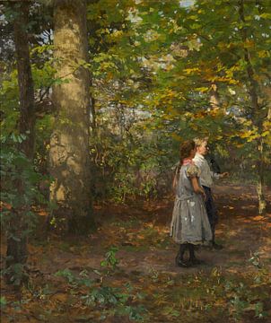 Two children with a crow in the woods, Willem Bastiaan Tholen