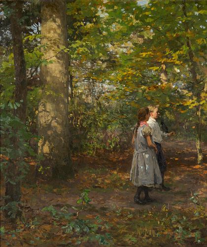 Zwei Kinder mit einer Krähe im Wald, Willem Bastiaan Tholen