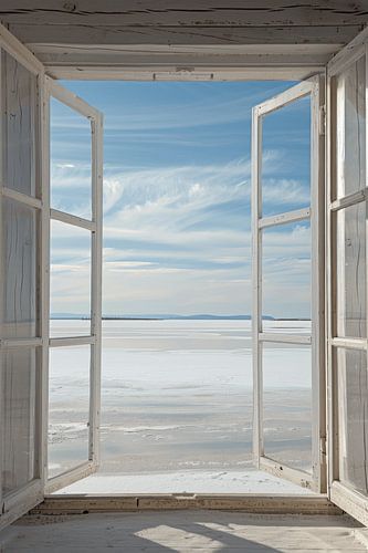 Salzsee-Landschaft durchs Fenster