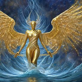 Goldener Engel mit langen Flügeln, der im Wasser läuft von Giel Ketting