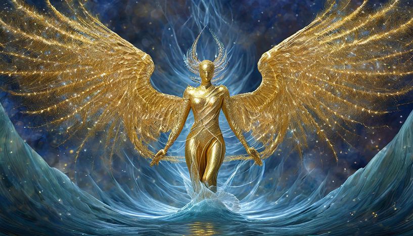 Goldener Engel mit langen Flügeln, der im Wasser läuft von Giel Ketting