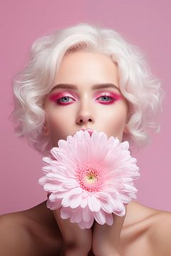 Pink Lady | Krachtige vrouw met bloem in minimalistisch roze setting van Sander van der Torren
