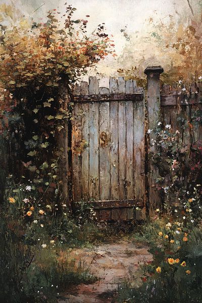 Weathered wooden gate with flowers by Imperial Art House