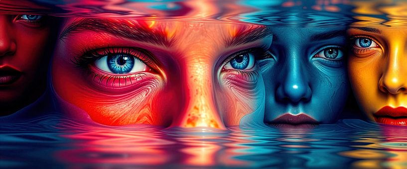 Gezichten tussen waterlicht en zwevende tijd - vier vrouwen op de drempel tussen opkomst, transformatie en mysterieuze diepten van AidasignArt