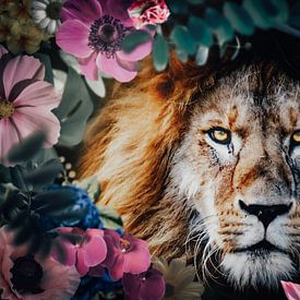 Lion in jungle artwork mixed media by John van den Heuvel