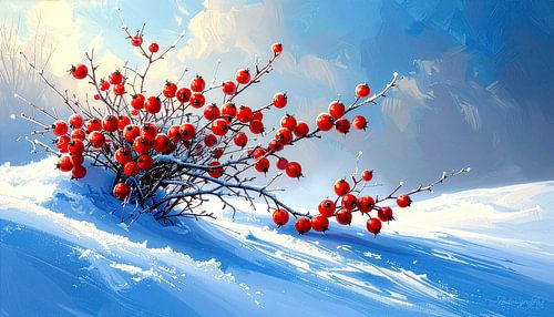 Rozenbottels met Kerstmis - De stille volharding van een winterse struik en de heldere belofte van een nieuwe dag te midden van vorstige vlakten