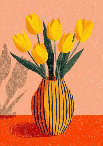 Yellow tulips in a striped vase