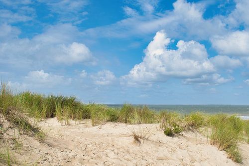 Strand, duinen de zee en een blauwe met wolken lucht