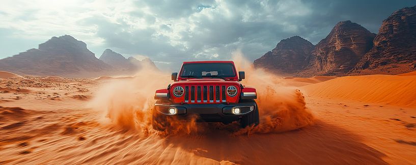 Roter Jeep Wrangler bei Sonnenuntergang in den Dünen von Lufy
