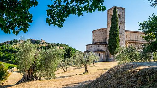Abdij van Sant'Antimo bij Montalcino, Val d'Orcia, Toscane, Italië.