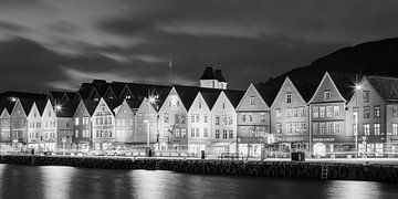 Bryggen district in black and white