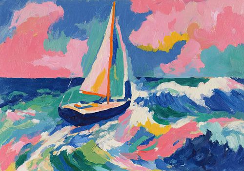 Un voilier en mer sous des nuages roses