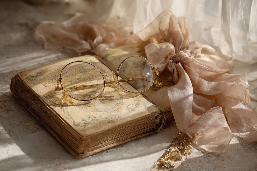 Antique Books with Glasses and Bow - Nostalgic Light Painting by Joriali Fine Art