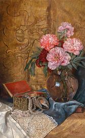 Francesco Malacrea-Still Life with Bouquet of Flowers, Jewellery Box and Miniature, signed F.