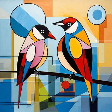 Twee Abstracte Vogels op Stok van Karina Brouwer