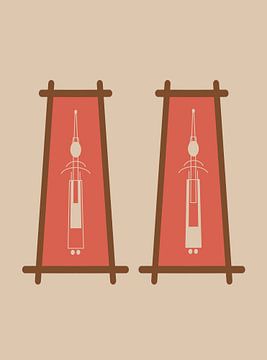 Abstract illustration of Thai dolls in costume In coral red and beige