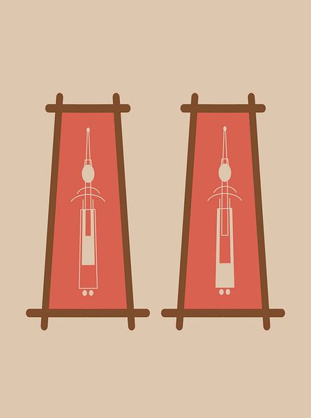 Abstract illustration of Thai dolls in costume In coral red and beige by UMA Digital NL