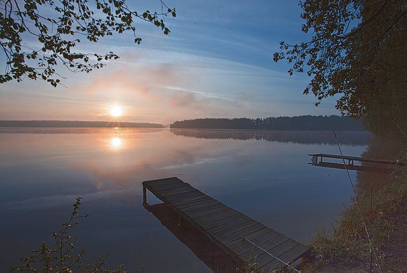 Dawn on the lake, wooden pier. Dawn on the lake, wooden pier. pink sun, landscape in bluish tones, e by Michael Semenov
