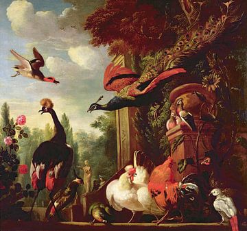 Ein Pfau, eine Pfauenart und andere exotische Vögel und Geflügel auf einer Terrasse, Melchior d'Hond