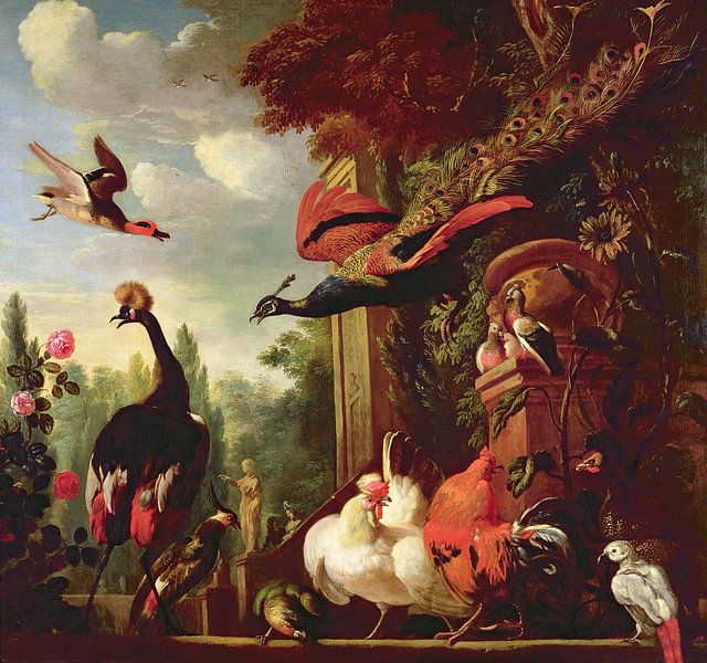 Een pauw, perzik en andere exotische vogels en pluimvee op een terras, Melchior d'Hondecoeter van Bridgeman Masters