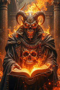 Dark Fantasy Wandbild: XALZAMOR – Der Magier des Teufels liest aus einem Buch vor