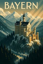 Bayern Art Deco Poster – Neuschwanstein Castle Wall Art by Travel Shop
