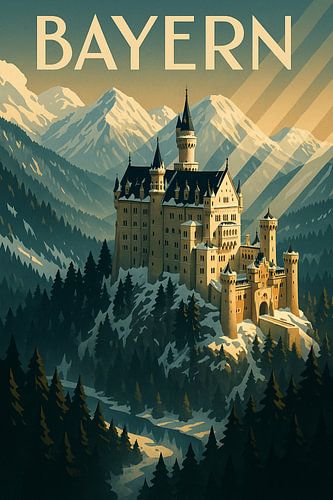 Bayern Art Deco Poster - Schloss Neuschwanstein Muurkunst